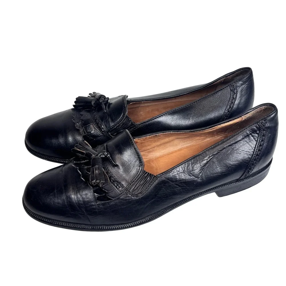 VTG Made ITALY Tassel Kiltie Loafers 10 Black Leather Preppy Academia Cable & Co